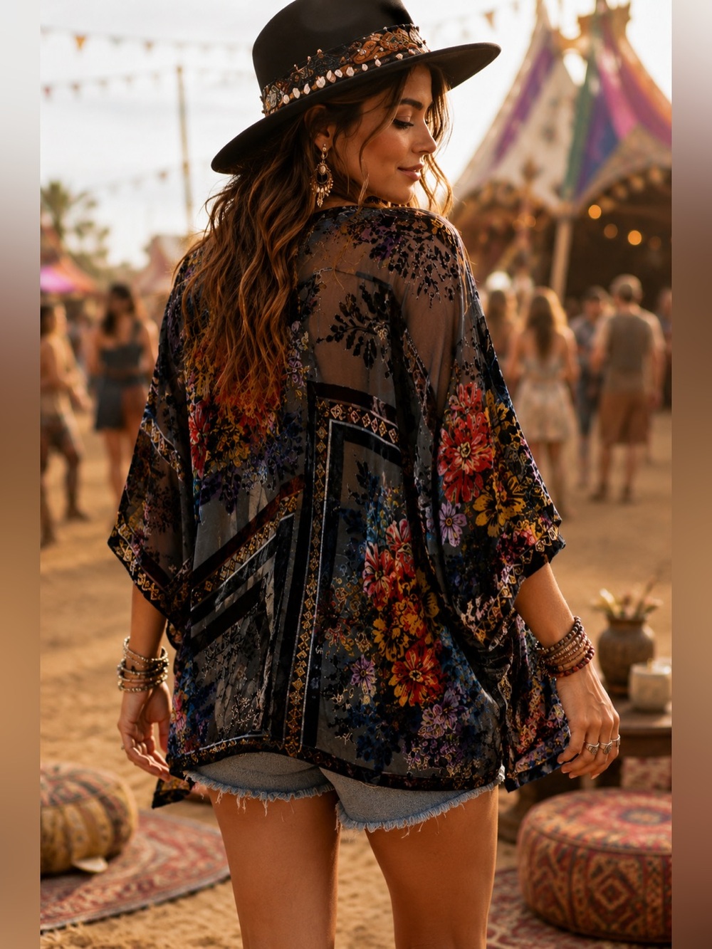 Sheer Burnout Velvet Floral Kimono Cardigan Boho Festival Duster One Size OS